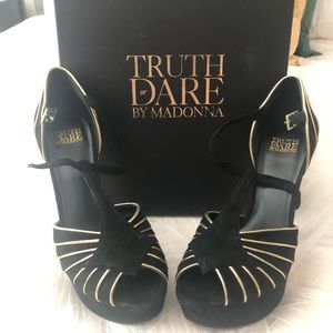 Madonna Black and Gold Suede Heels